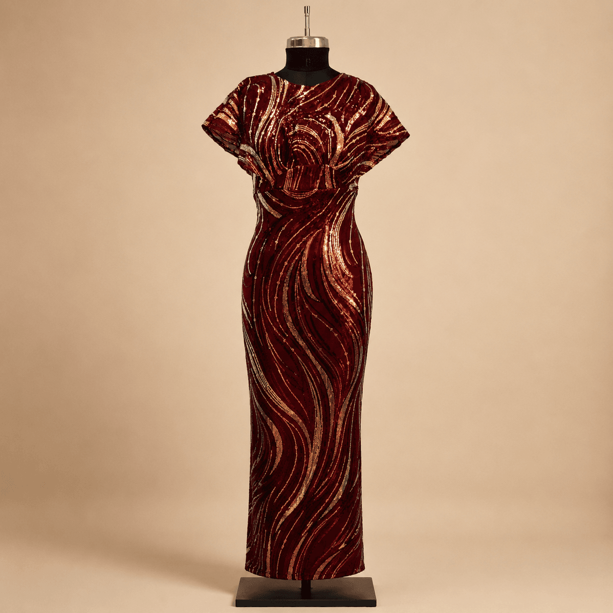 Wine Abstract Sequin One Shoulder Gown