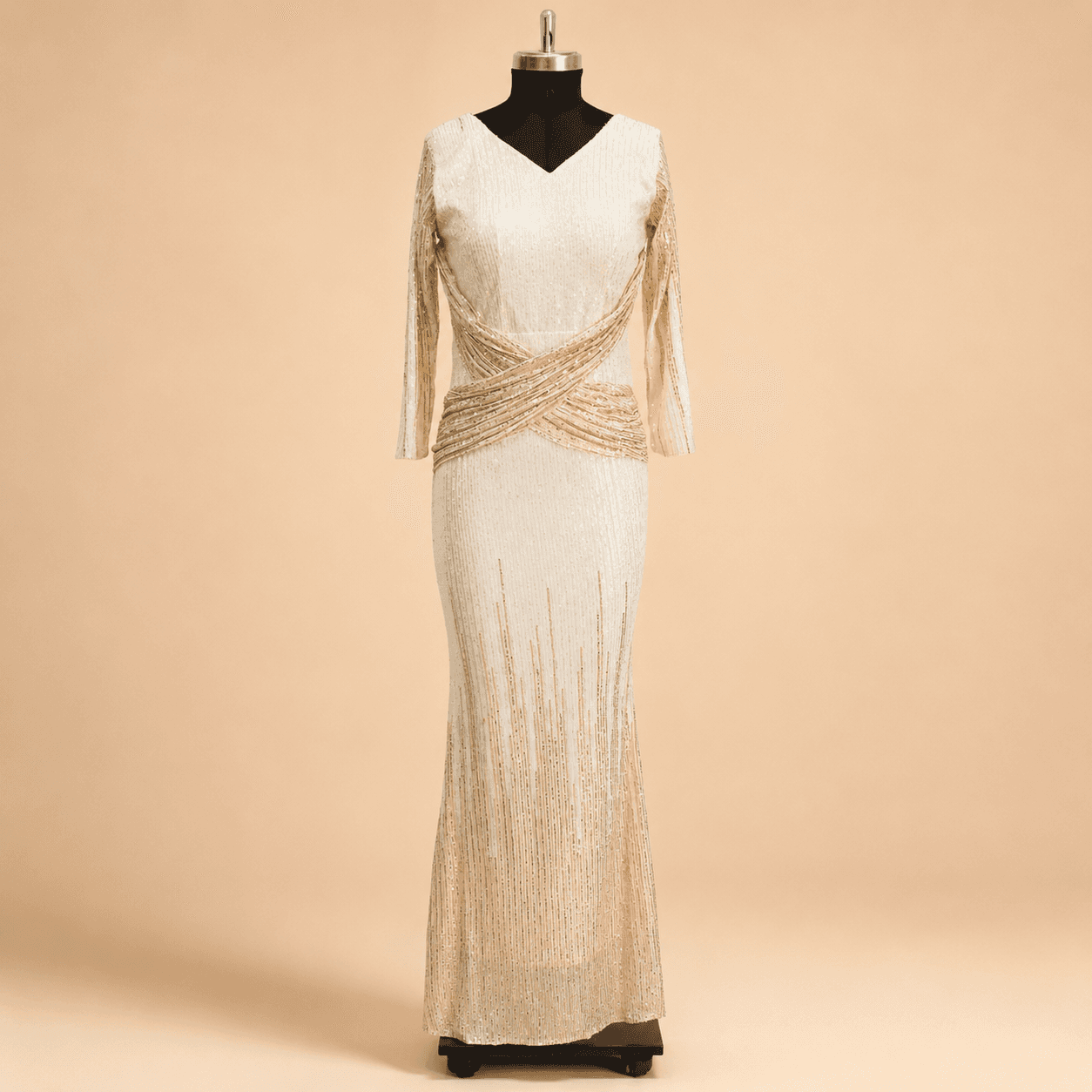Ivory Sleeveless Sequin Fringe Midi Dress