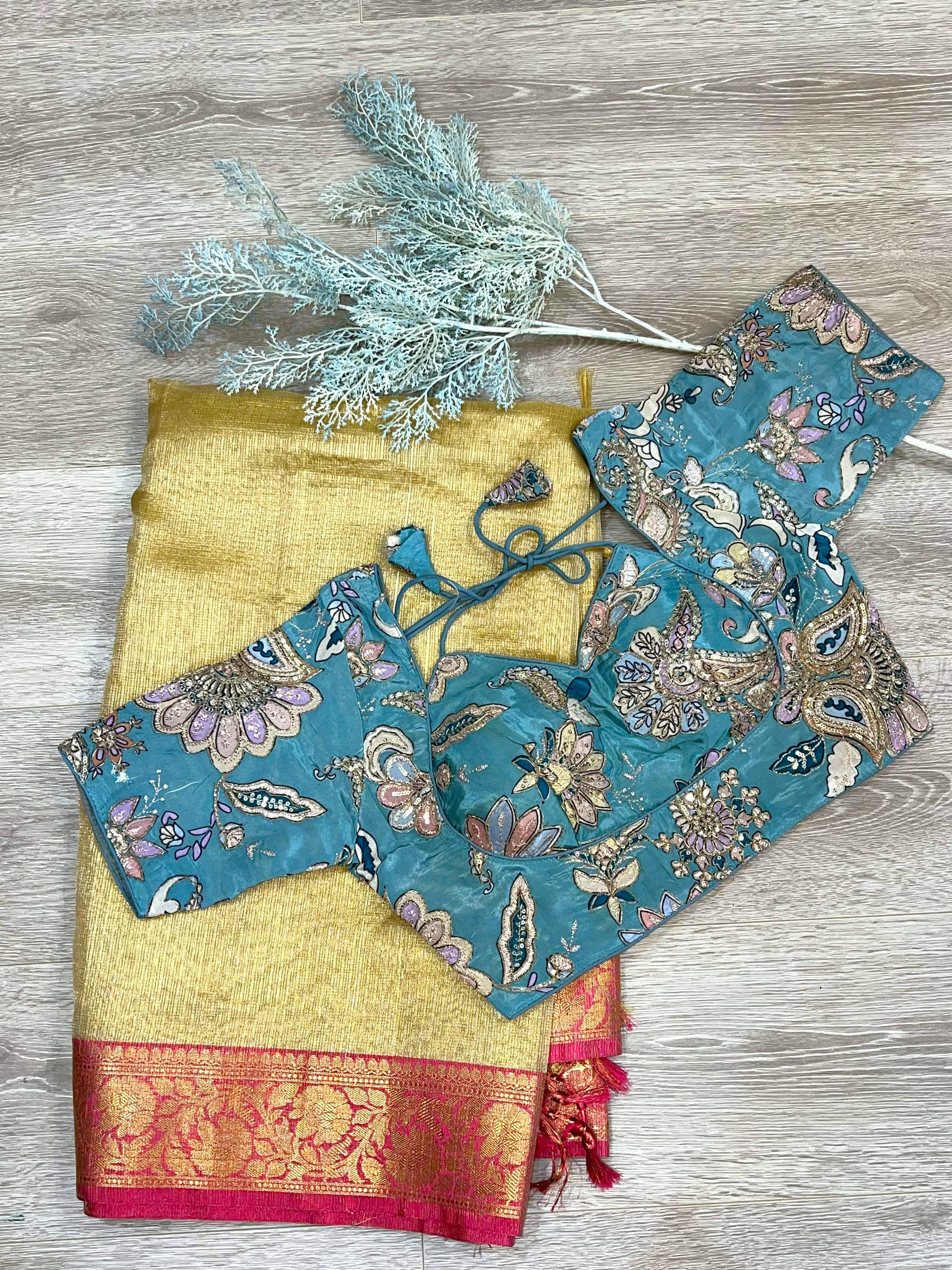 Sky Blue Gold Embroidered Ethnic Blouse