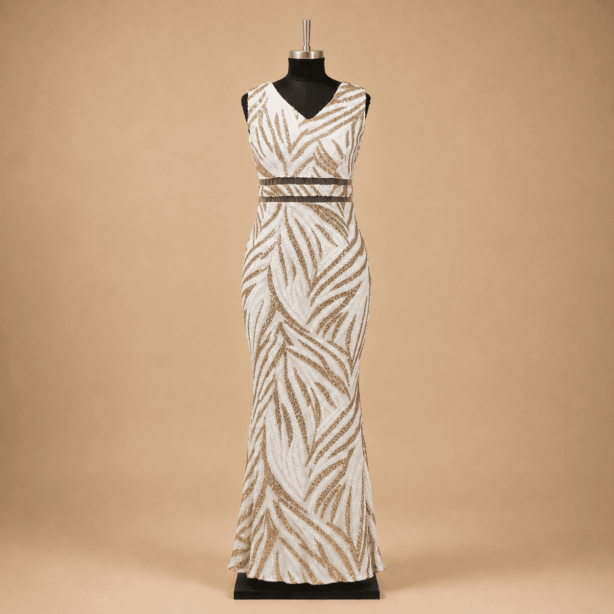 Ivory Gold Zebra Sequin Sleeveless Gown