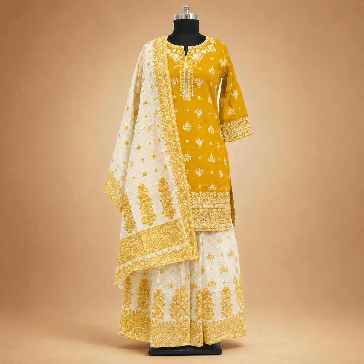 Mustard Ivory Kurti Set with Dupatta