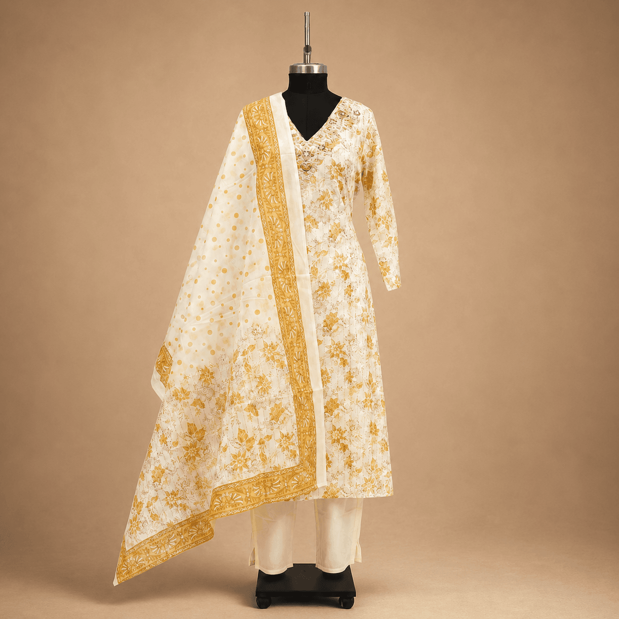 Ivory Gold Printed Kurti Set with Dupatta