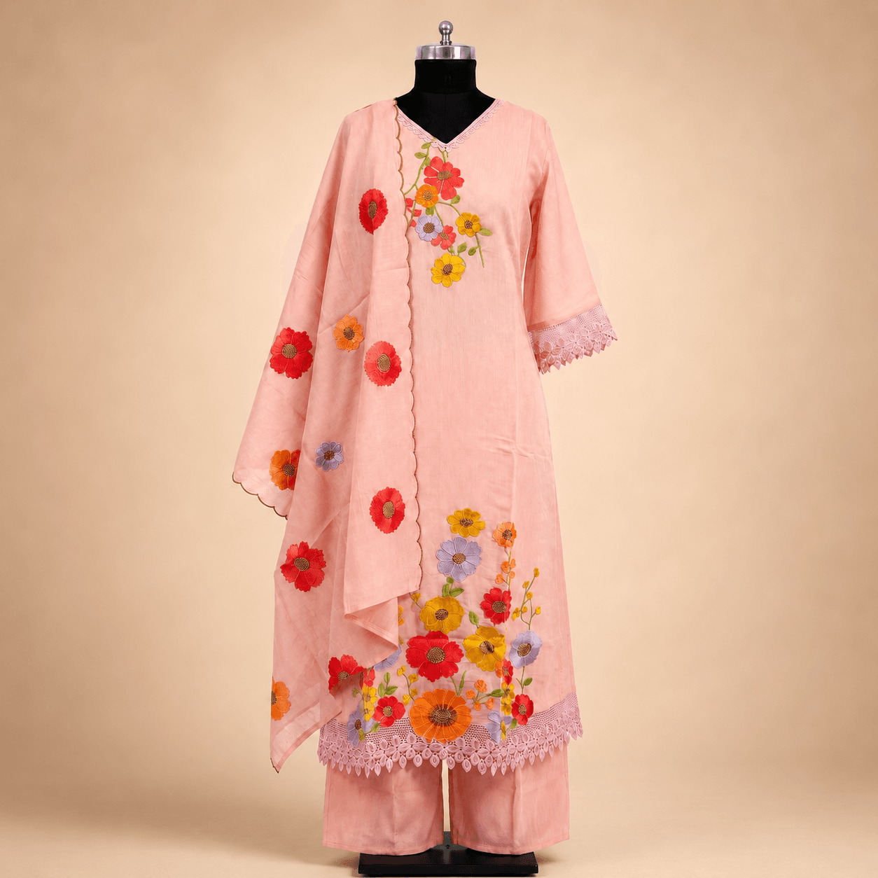 Peach Pink Floral Kurti Set with Dupatta