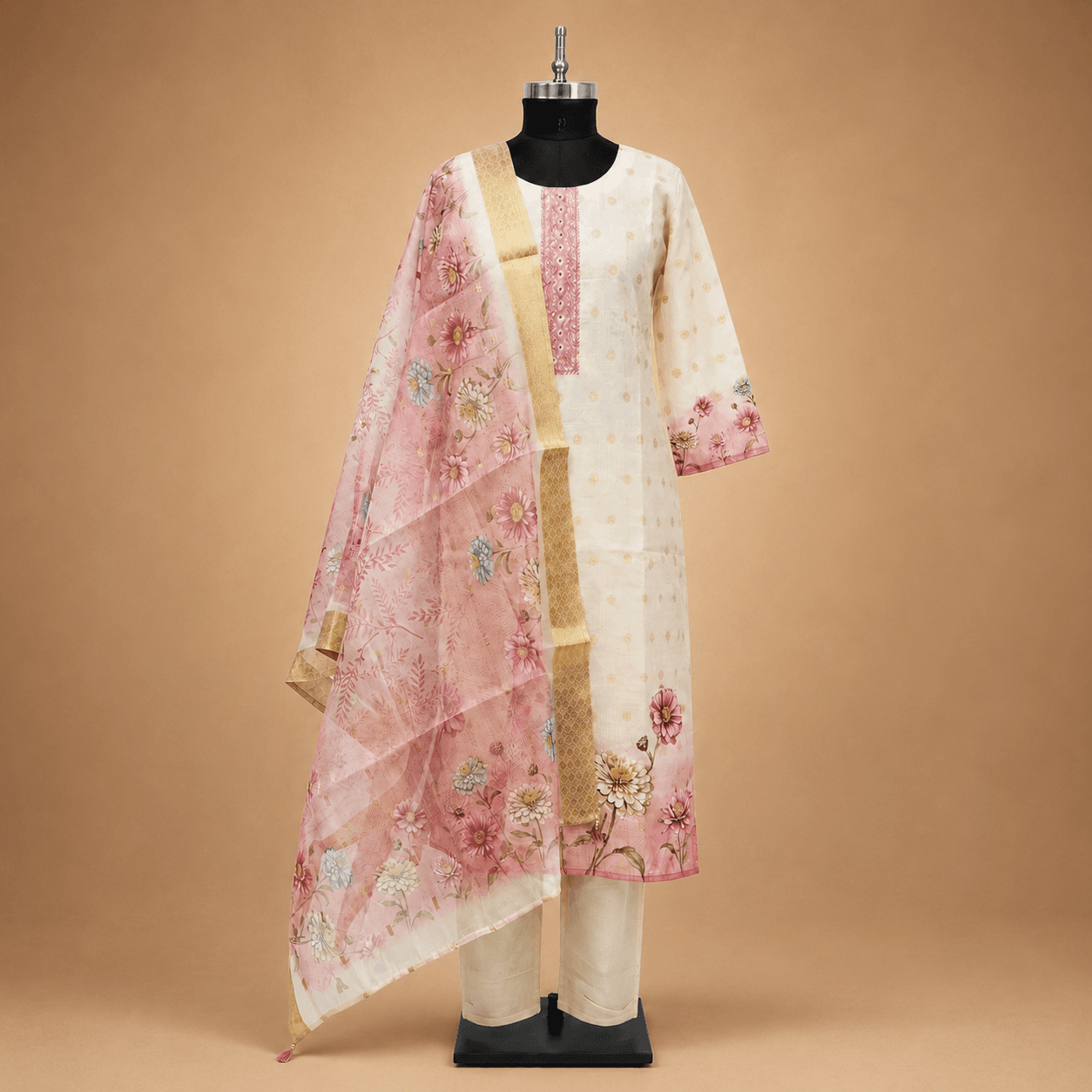 Off White Pink Floral Kurti Set with Dupatta