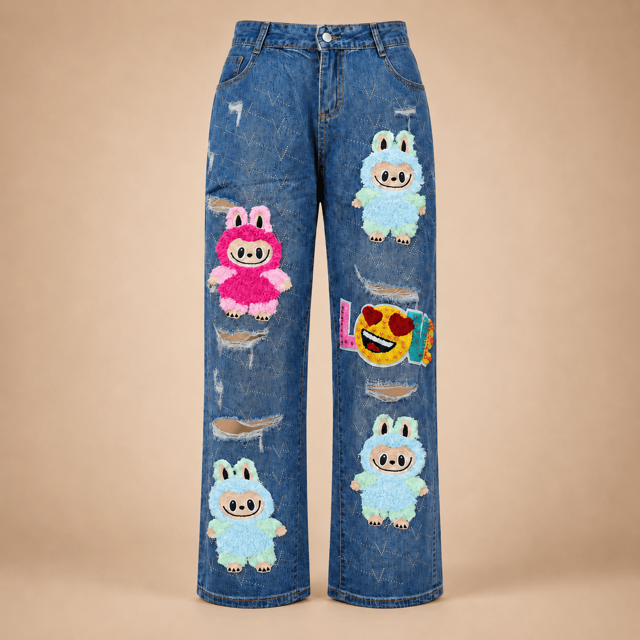 Blue Cartoon Patch Wide Leg Jeans