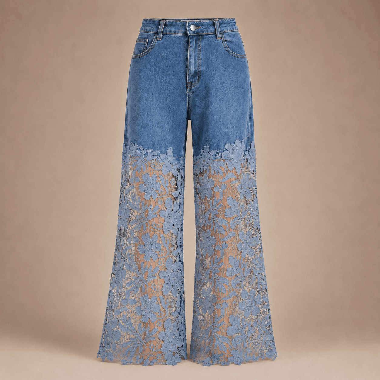 Light Blue Lace Overlay Flared Jeans