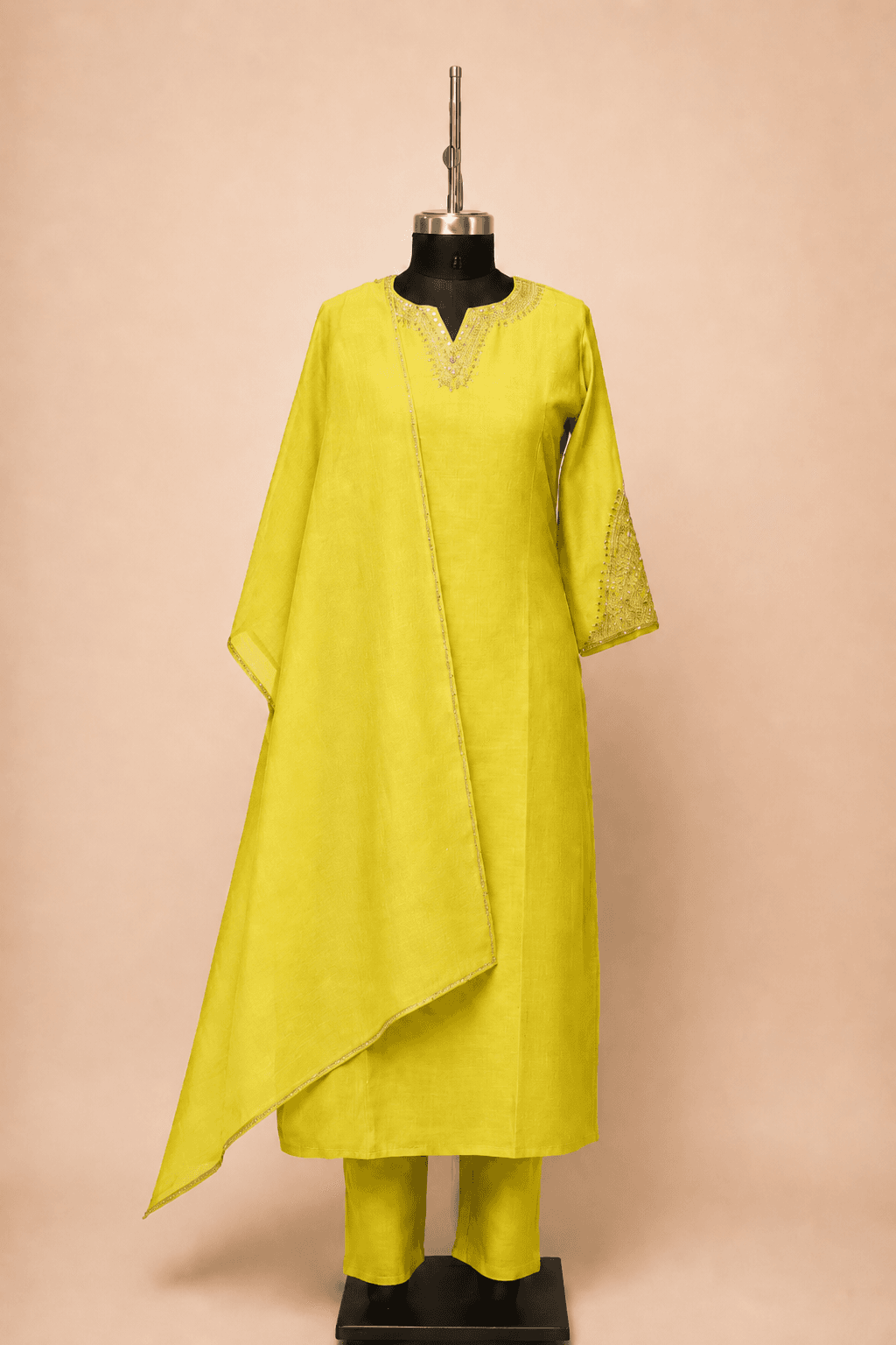 Lime Green Layered Kurti Set with Dupatta