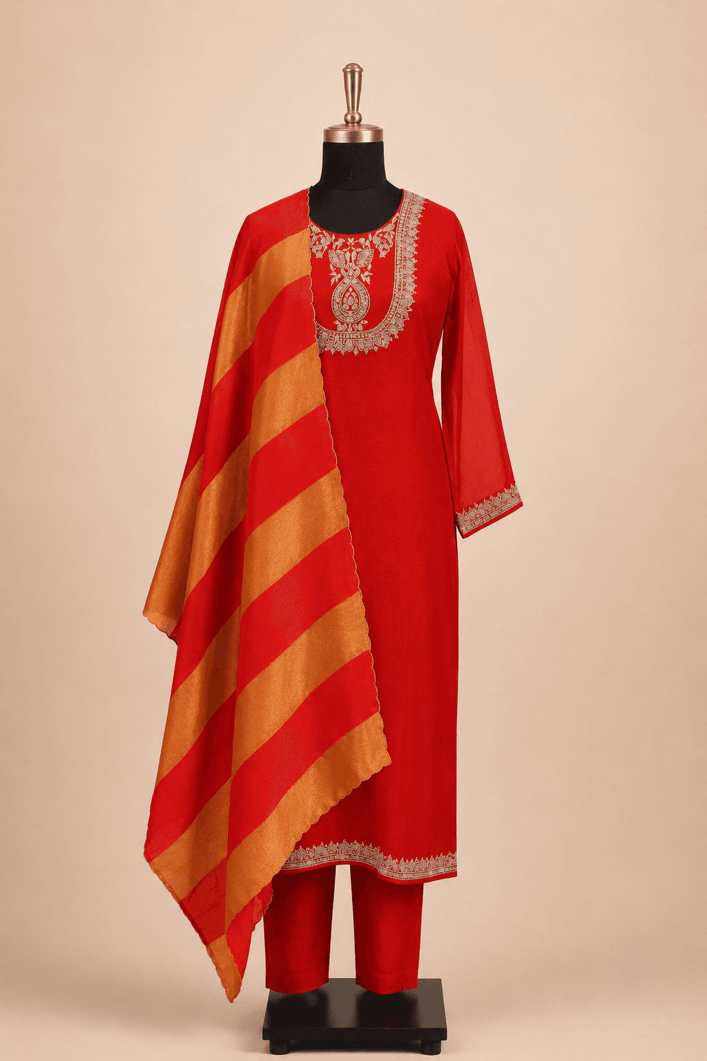 Coral Red Embroidered Kurti Set