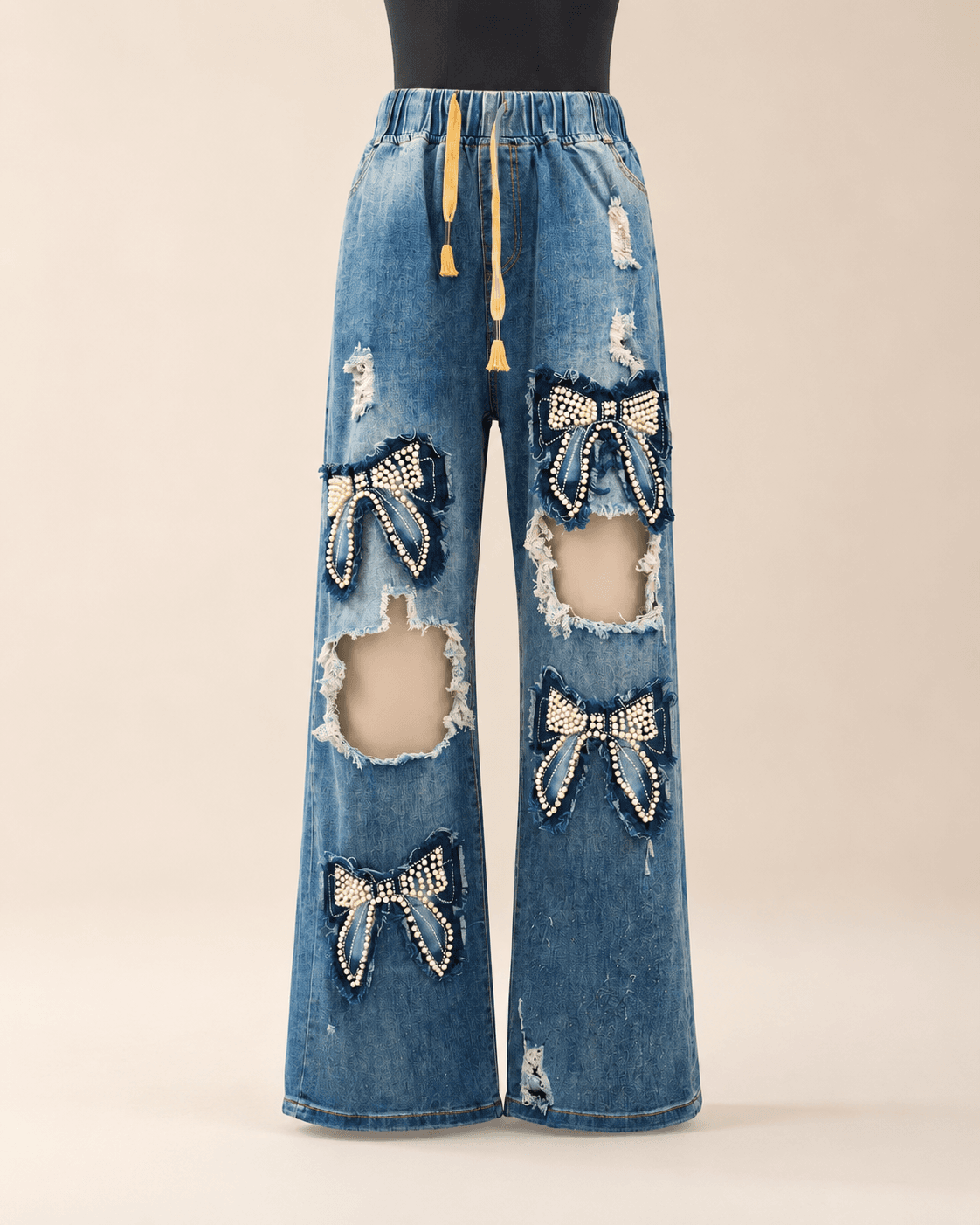 Blue Bow Patch Ripped Wide Leg Jeans
