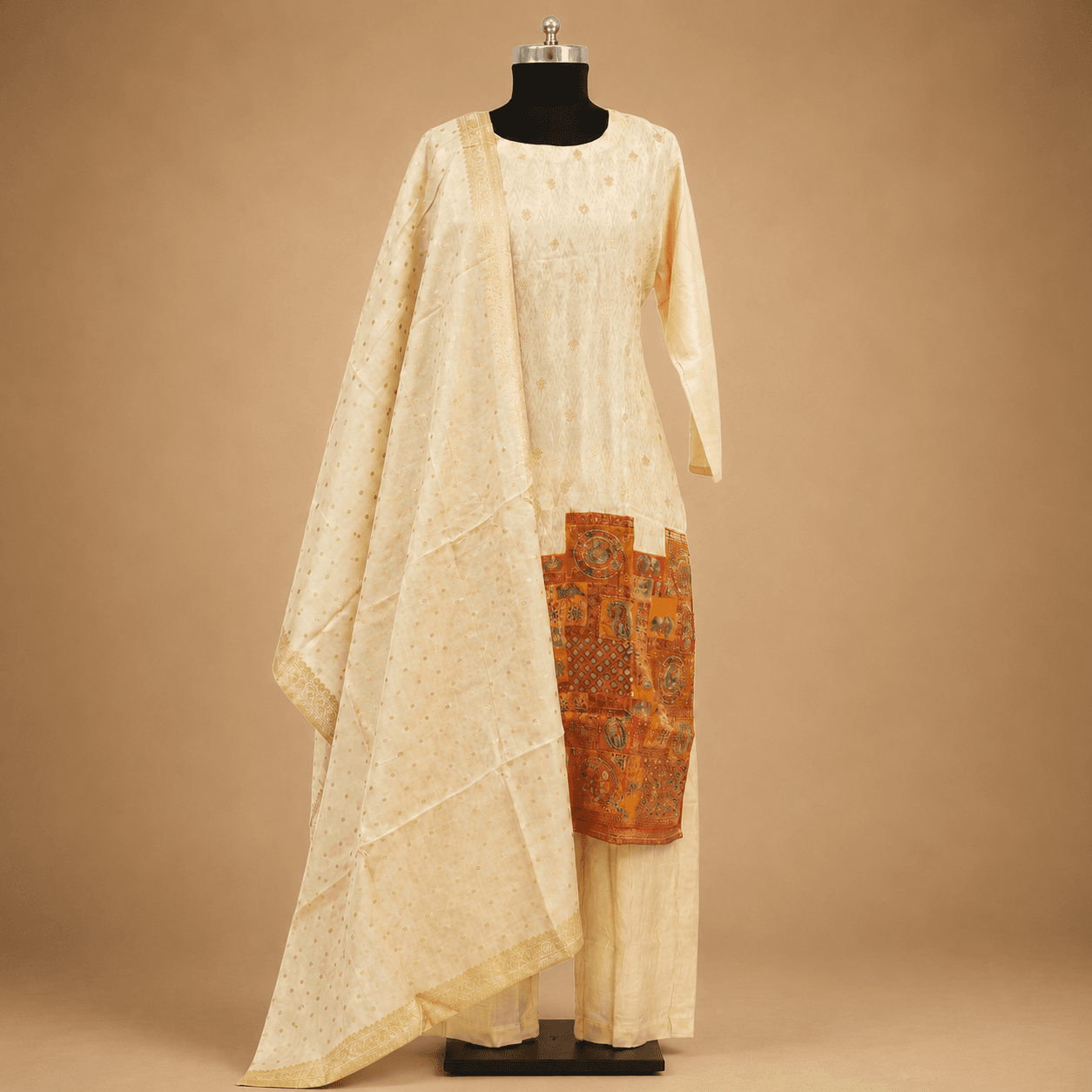 Cream Printed Kurti Set with Dupatta