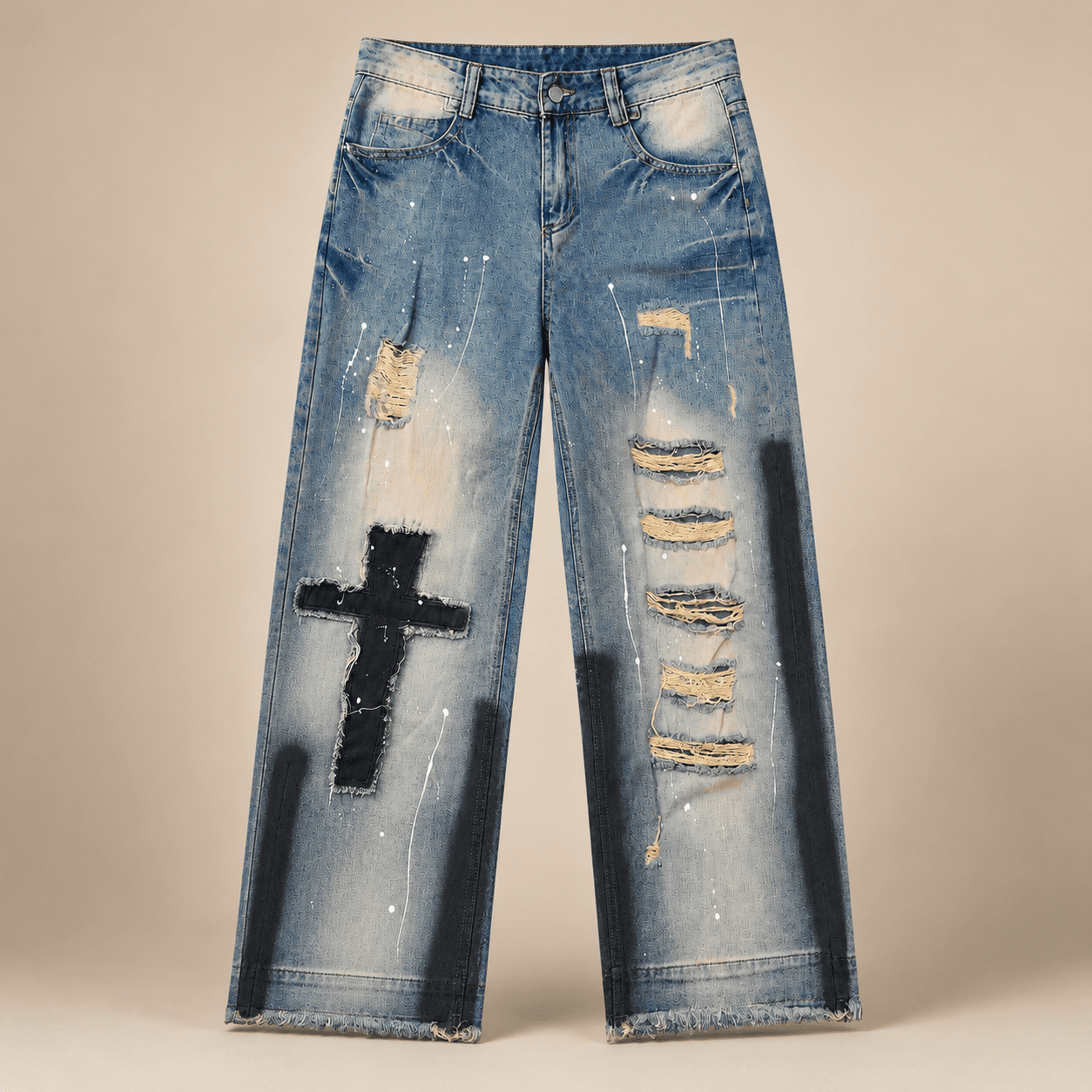 Blue Distressed Cross Patch Wide Leg Jeans