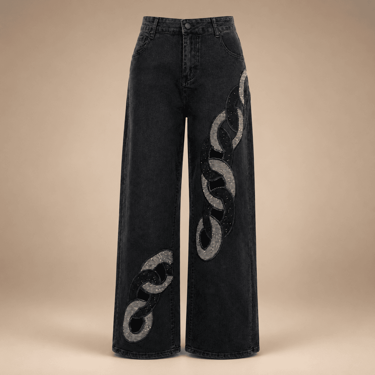 Black Graphic Embroidered Wide Leg Jeans