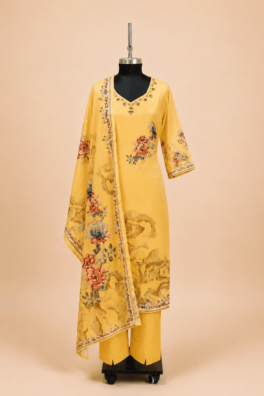 Light Orange Floral Printed Kurti Set