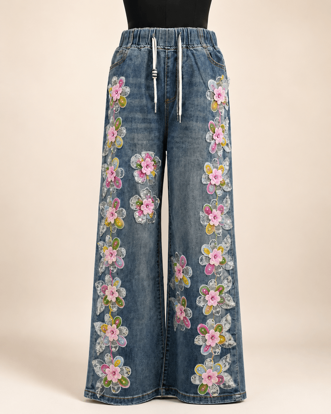 Dark Blue Floral Embroidered Wide Leg Jeans