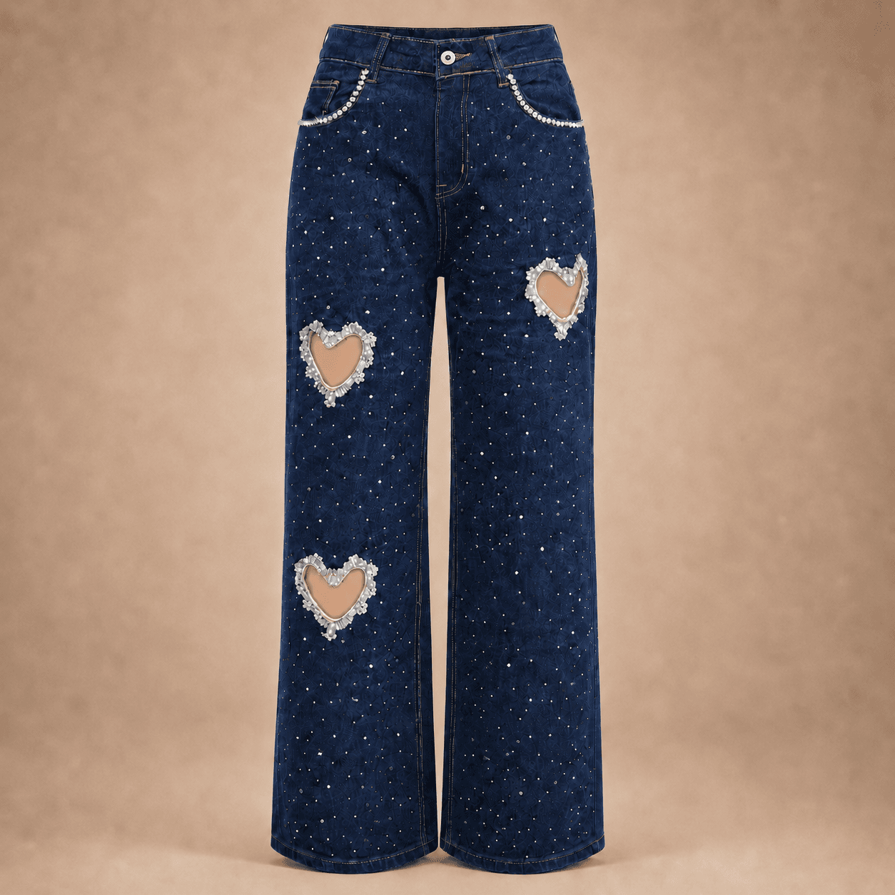 Dark Blue Heart Patch Wide Leg Jeans