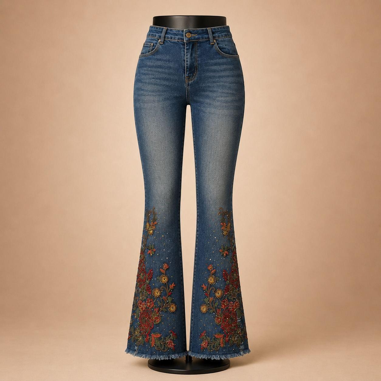 Blue Floral Embroidered Bootcut Jeans
