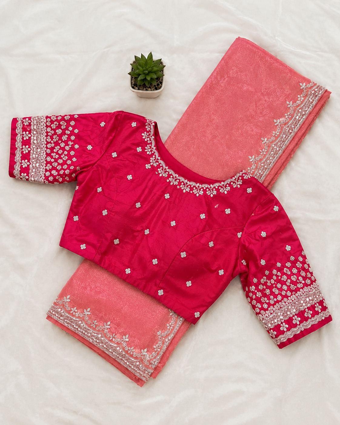 Pink Sequin Border Designer Saree with Red Blouse