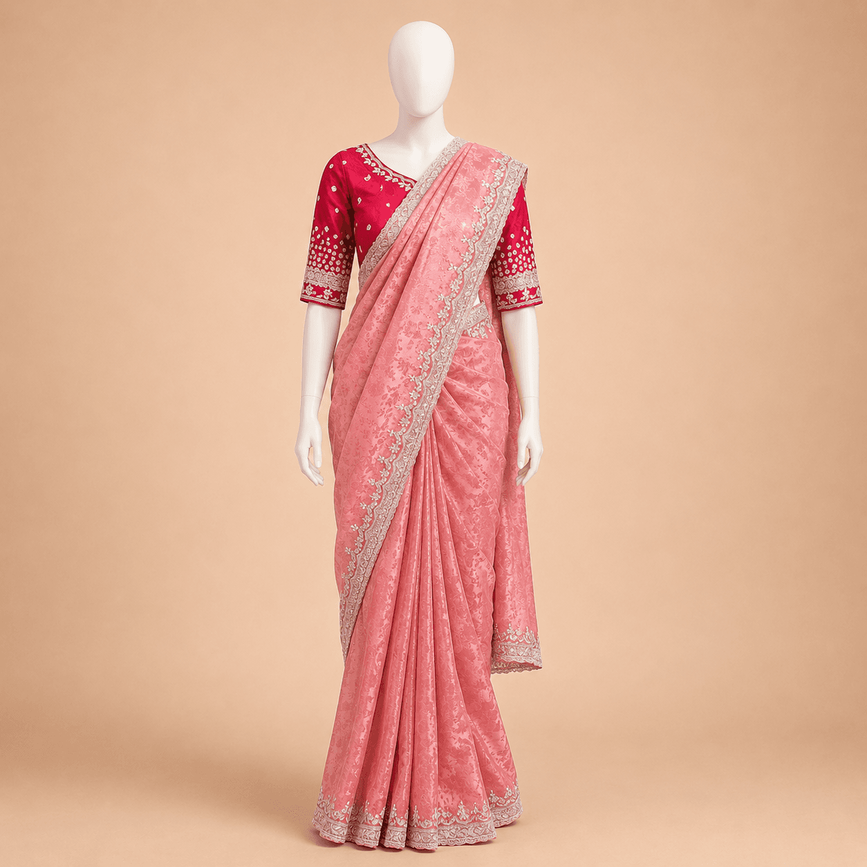 Pink Sequin Border Designer Saree with Red Blouse