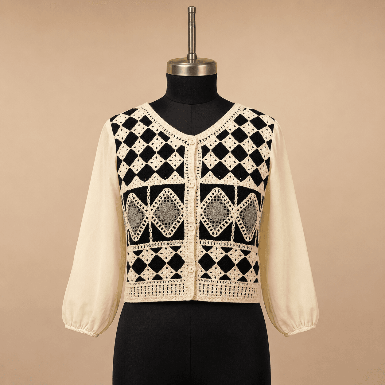 Beige Black Geometric Embroidered Top