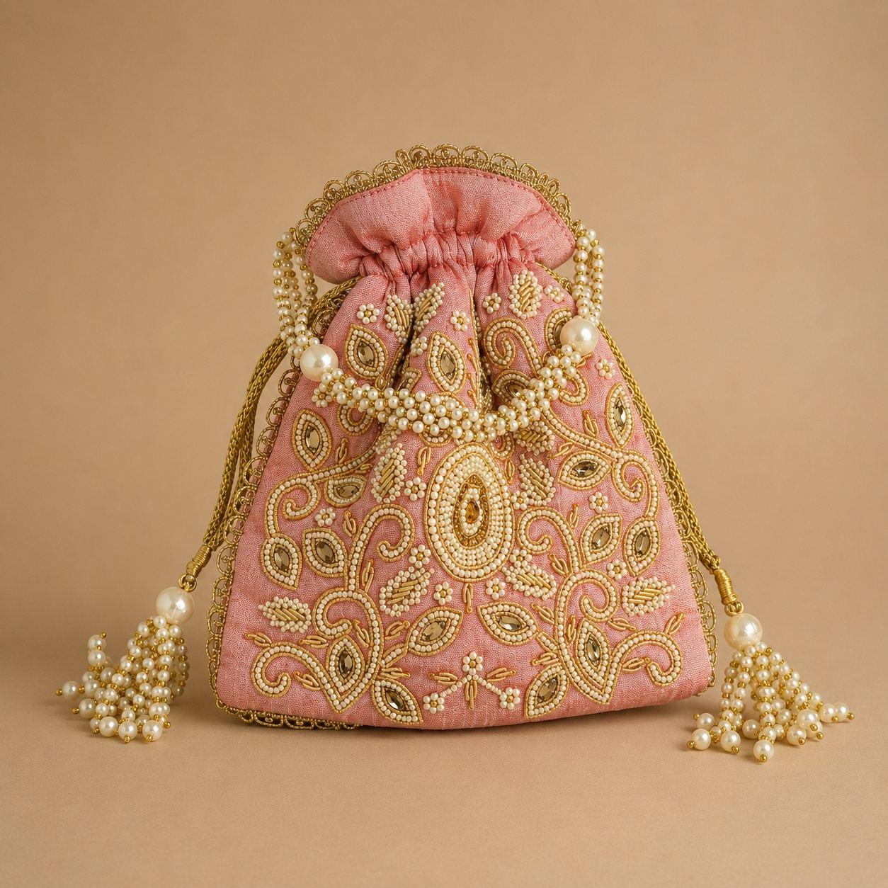 Rosabelle Pink Gold Embroidered Potli Sling