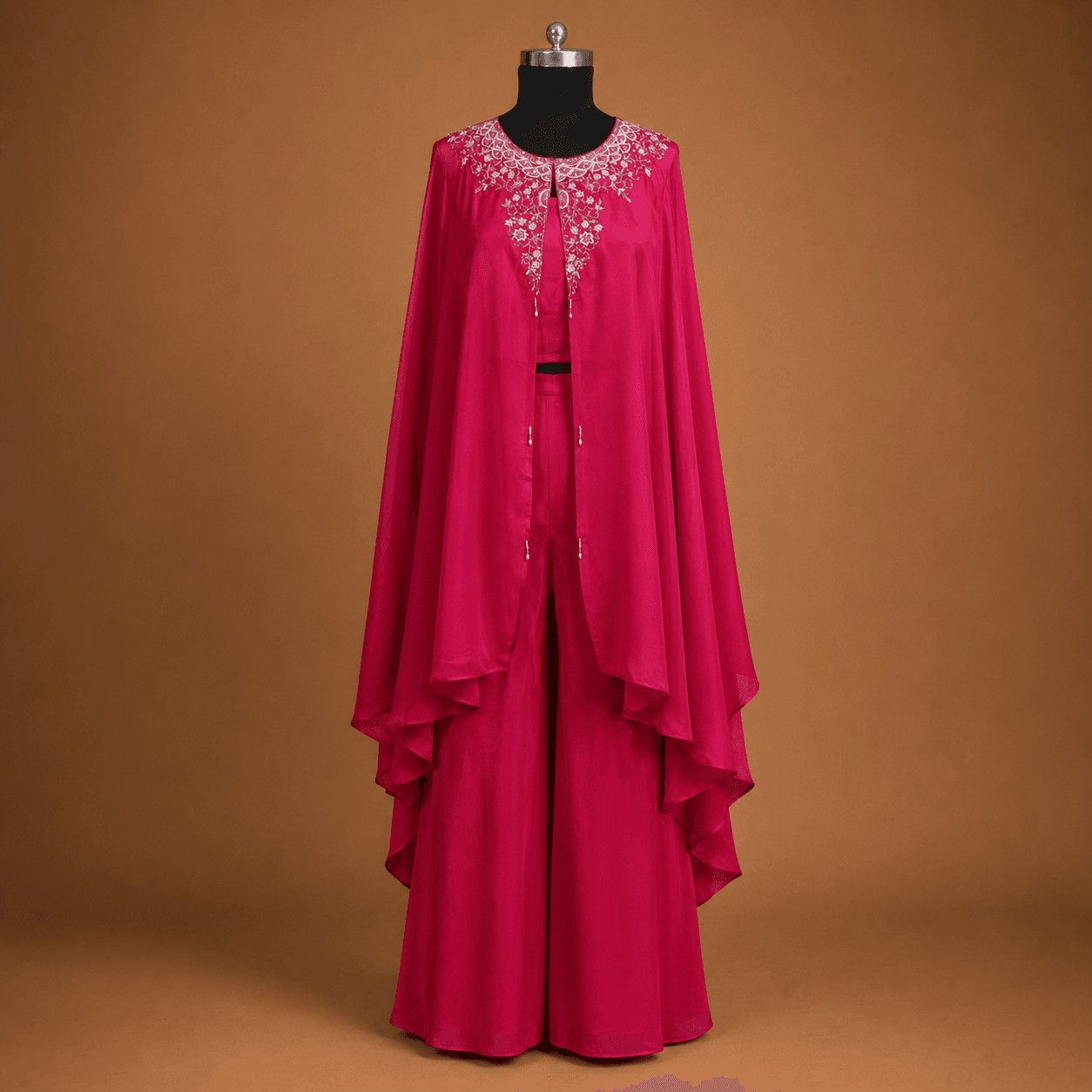 Magenta Embroidered Cape 3 Piece Suit Set