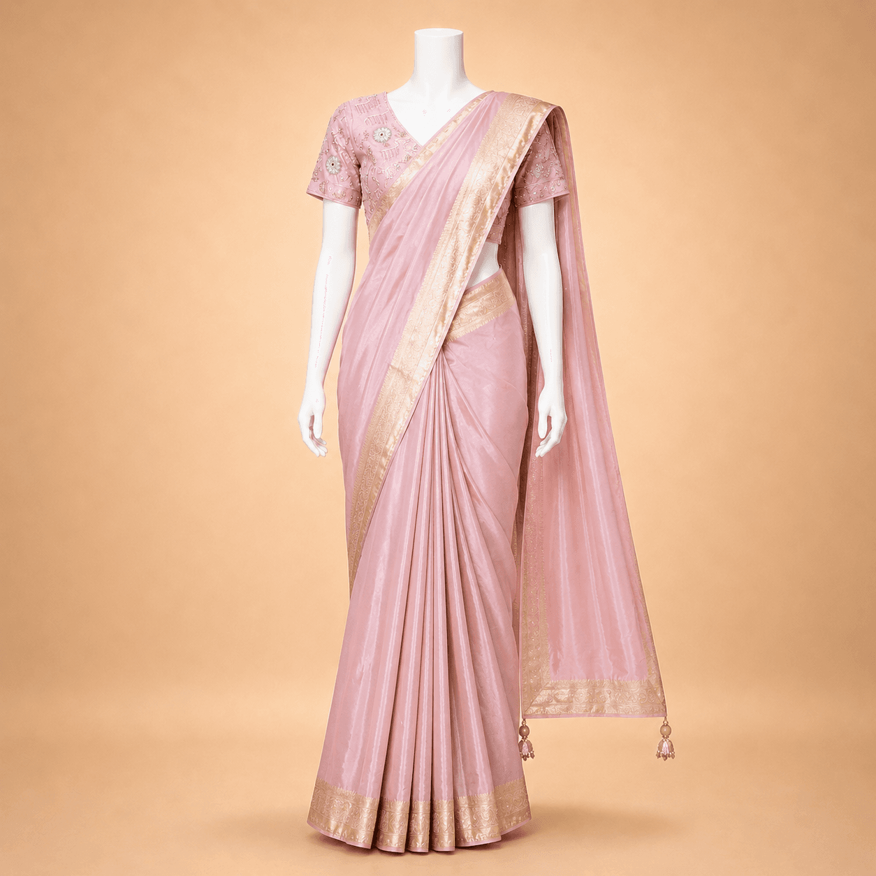 Peach Pink Floral Embroidered Designer Saree with blouse