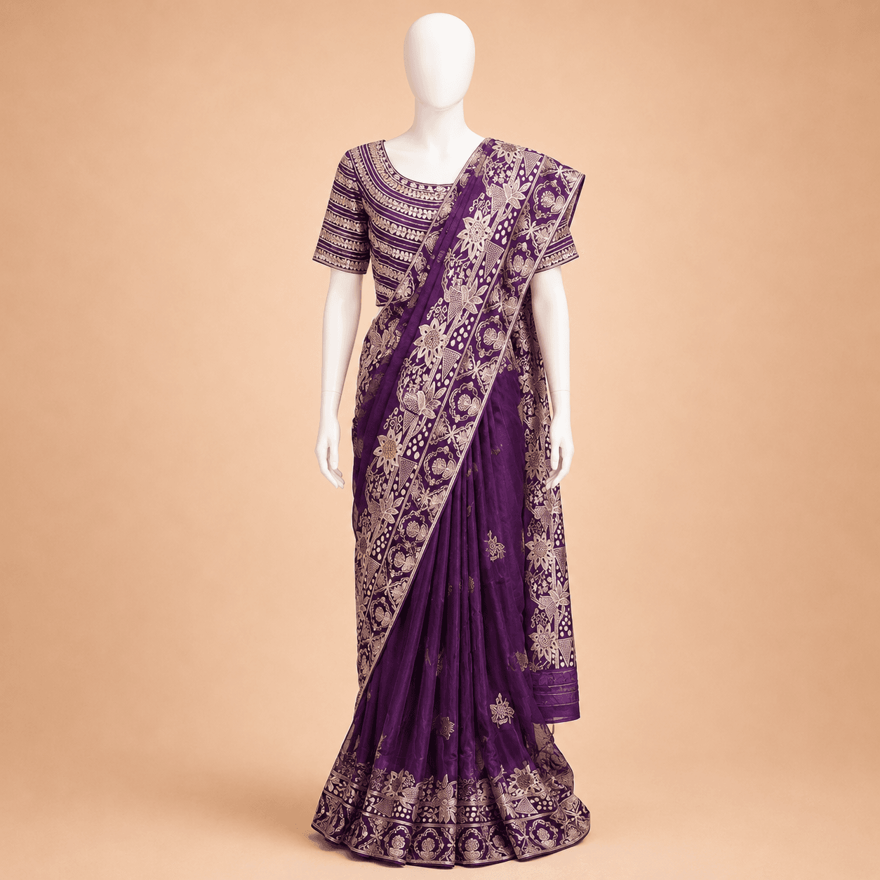 Deep Purple Gold Embroidered Designer Saree with Blouse