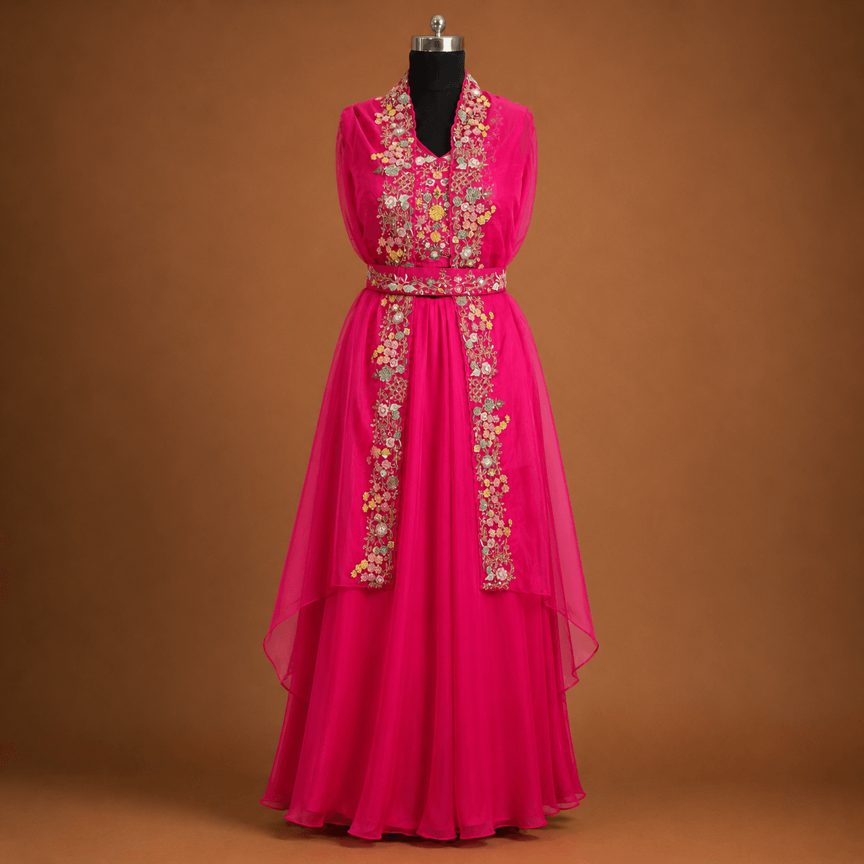 Hot Pink Floral Embroidered 3 Piece Suit Set