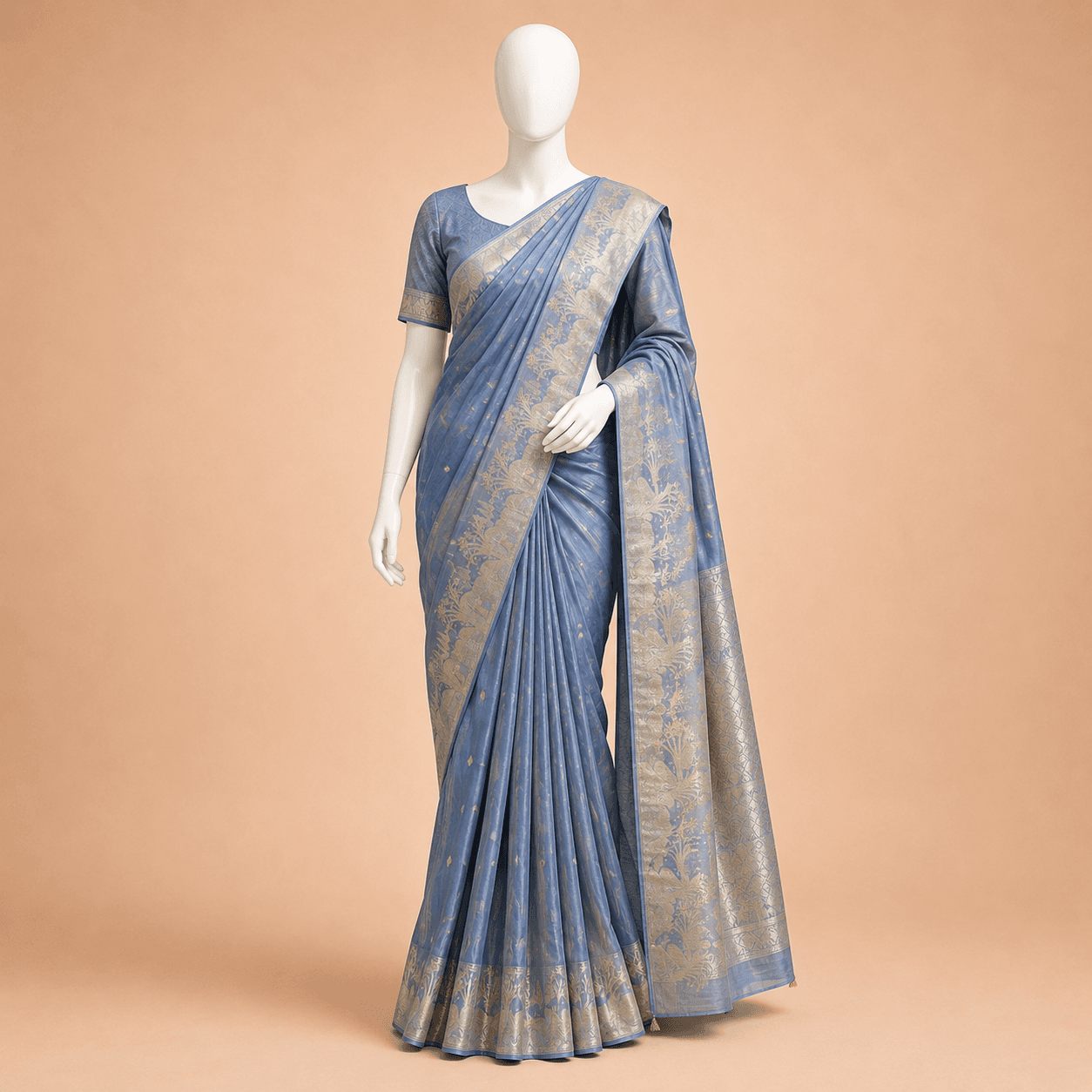 Steel Blue Gold Zari Designer Saree