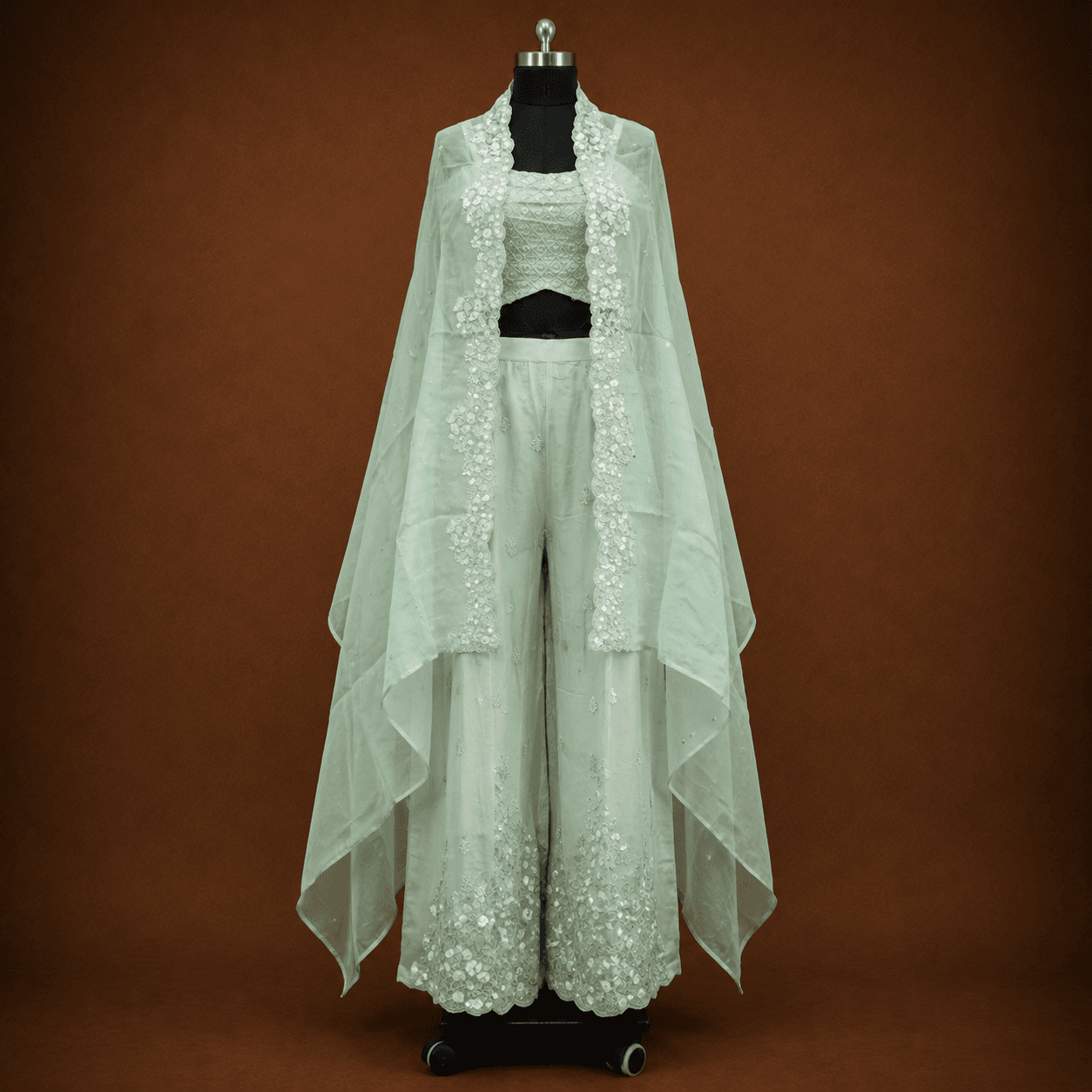 Ivory White Embellished Cape 3 Piece Suit Set