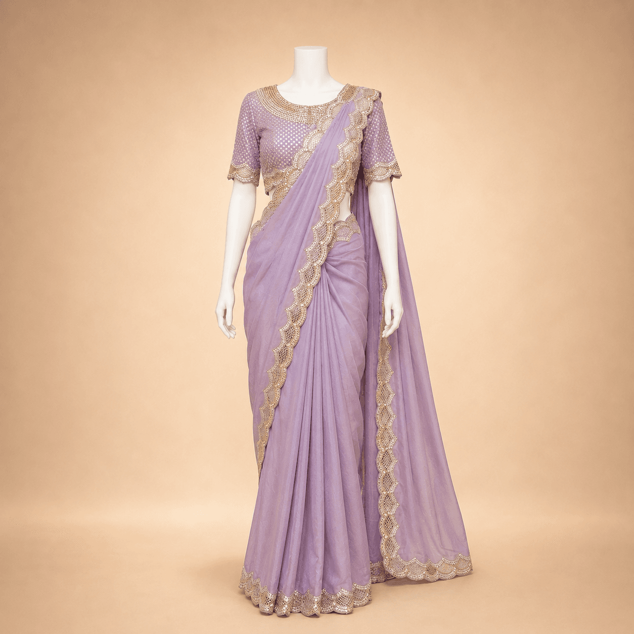 Light Lavender Gold Lace Designer Saree with Blouse