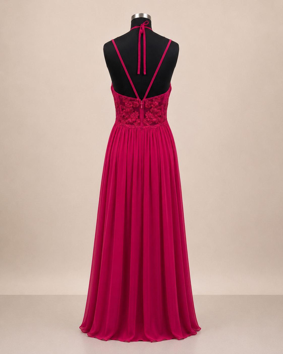 Crimson V-Neck Evening Gown