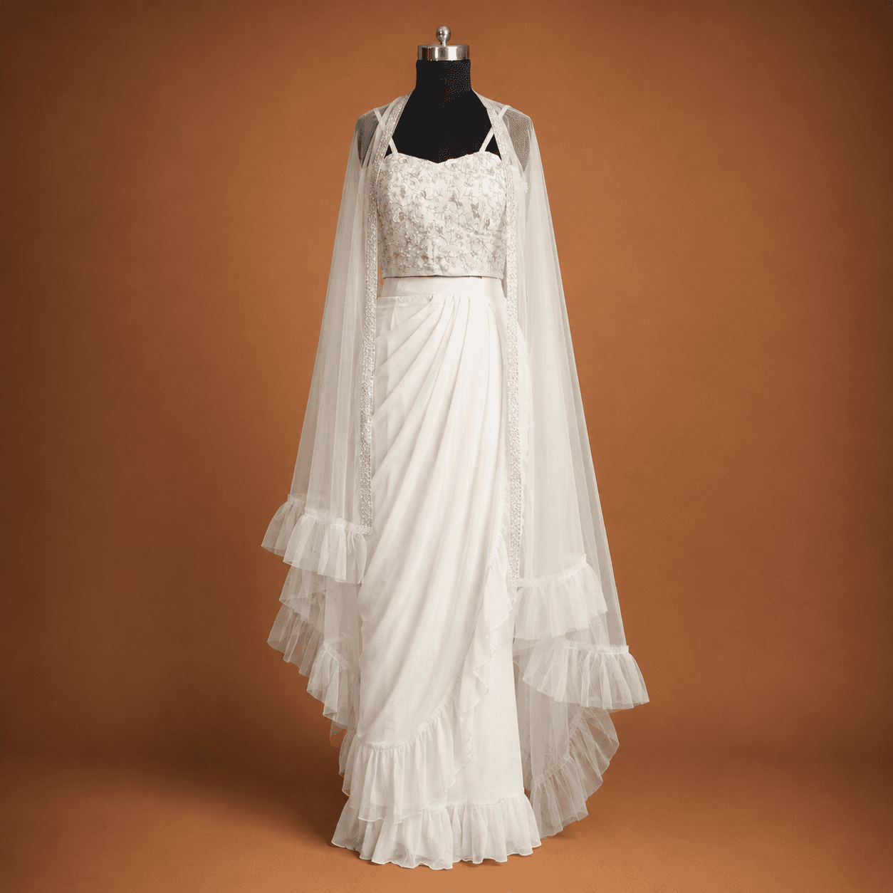 Ivory Ruffle Cape 3 Piece Suit Set