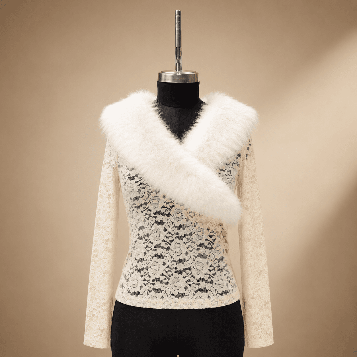 Ivory Faux Fur Collar Lace Top