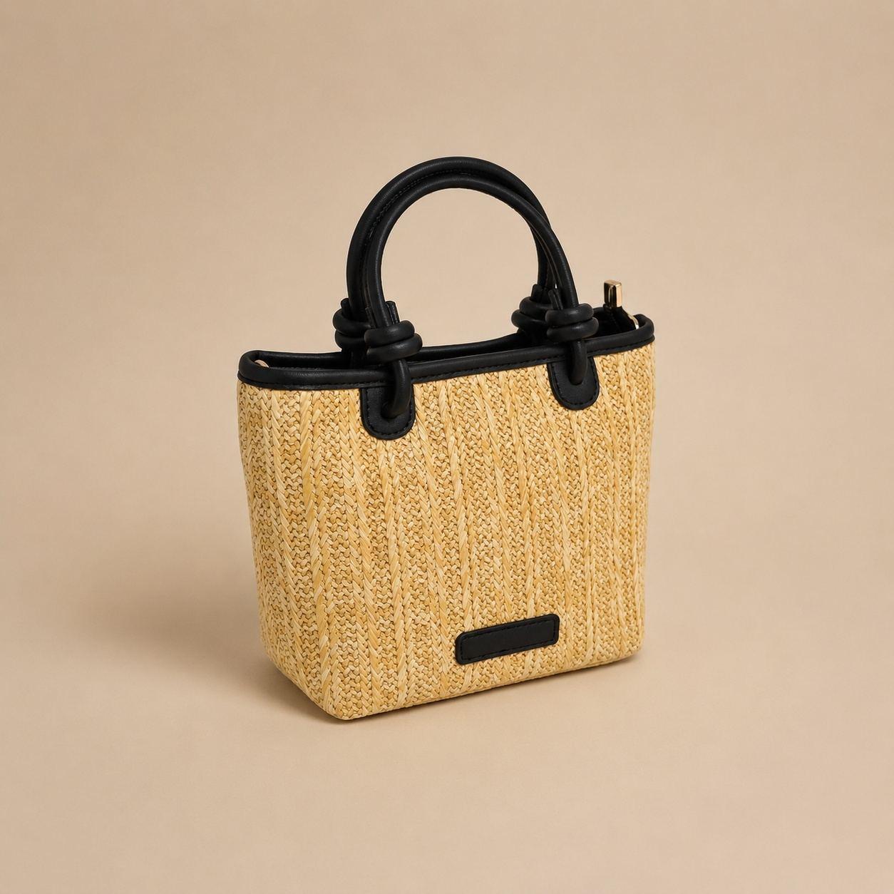 Cavelle Beige Black Woven Tote Bag