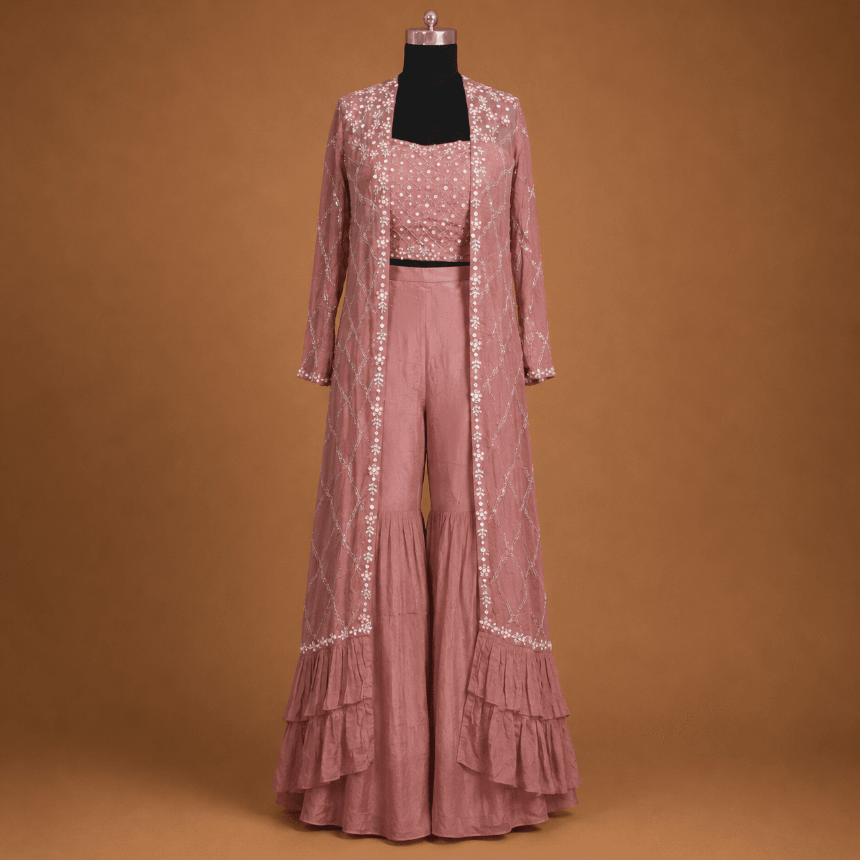 Dusty Rose Pearl Embroidered 3 Piece Suit Set