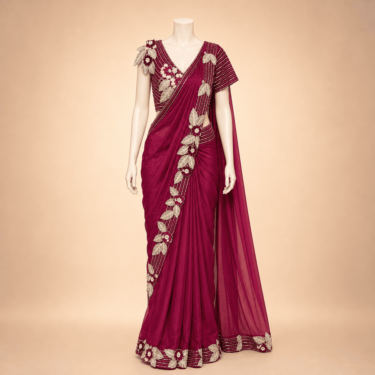 Wine Magenta Floral Applique Designer Saree with Blouse