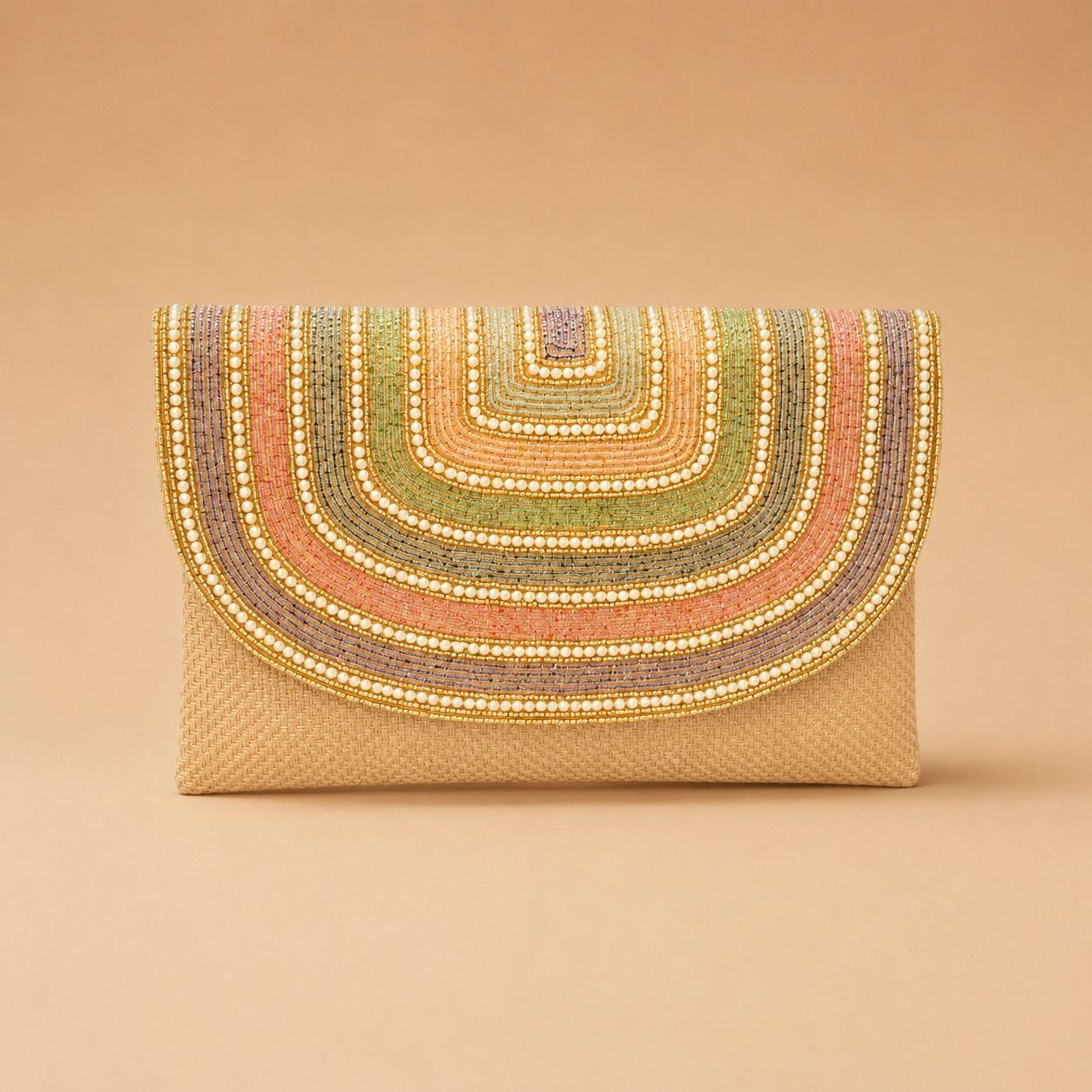 Beige Multicolor Embroidery Rainbow Clutch Bag