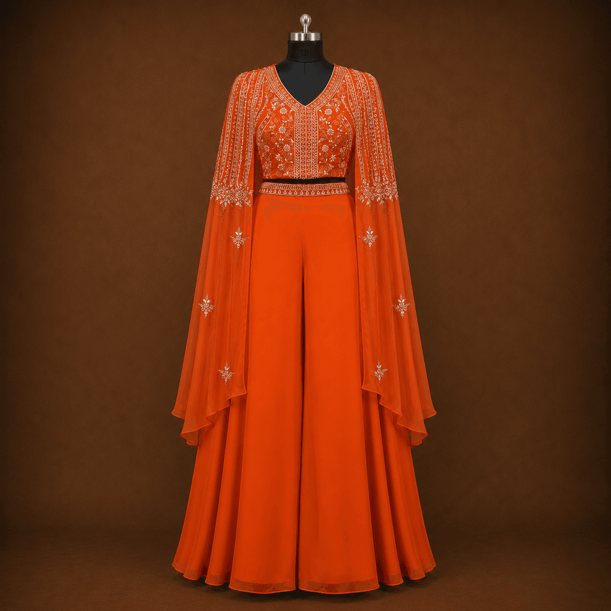 Orange Embroidered Neck 3 Piece Suit Set