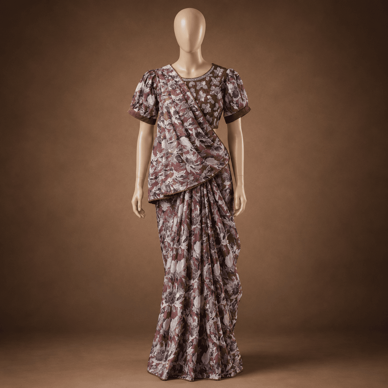 Brown Abstract Printed Daily Ease Saree with Blouse