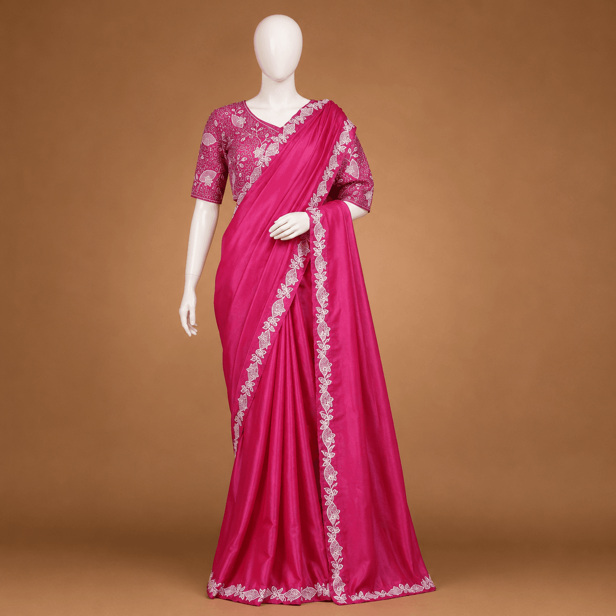Rani Pink Lace Border Daily Ease Saree with Blouse