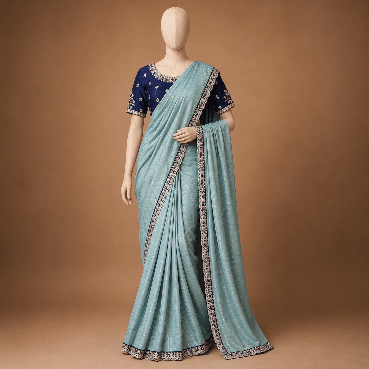Sea Green Navy Blouse Daily Ease Saree with Blouse