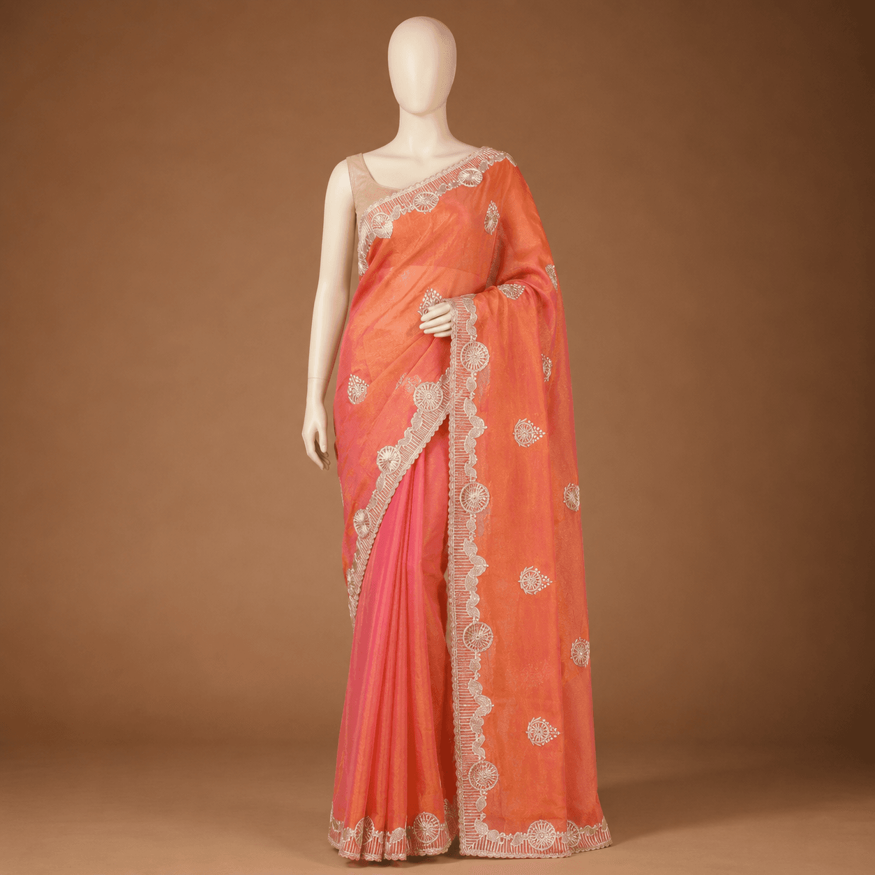 Peach Orange Floral Daily Ease Saree