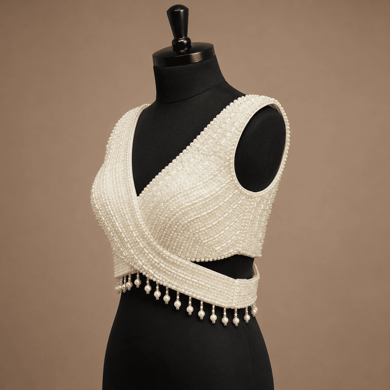 Ivory Pearl Draped V-Neck Designer Blouse
