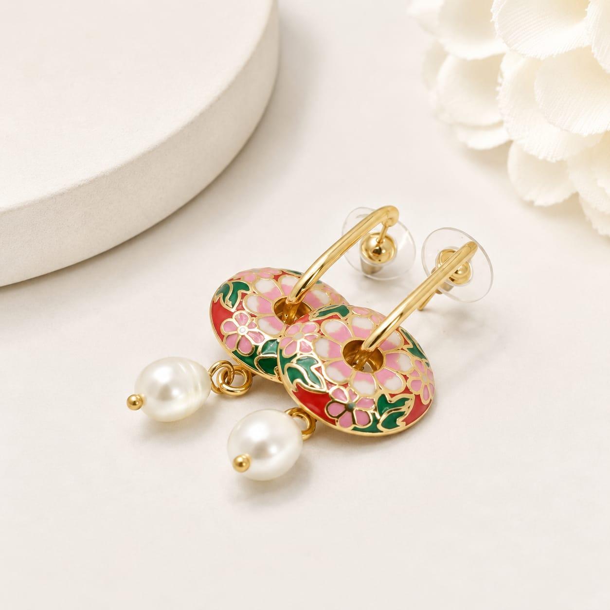 Pink Floral Pearl Drop Earrings