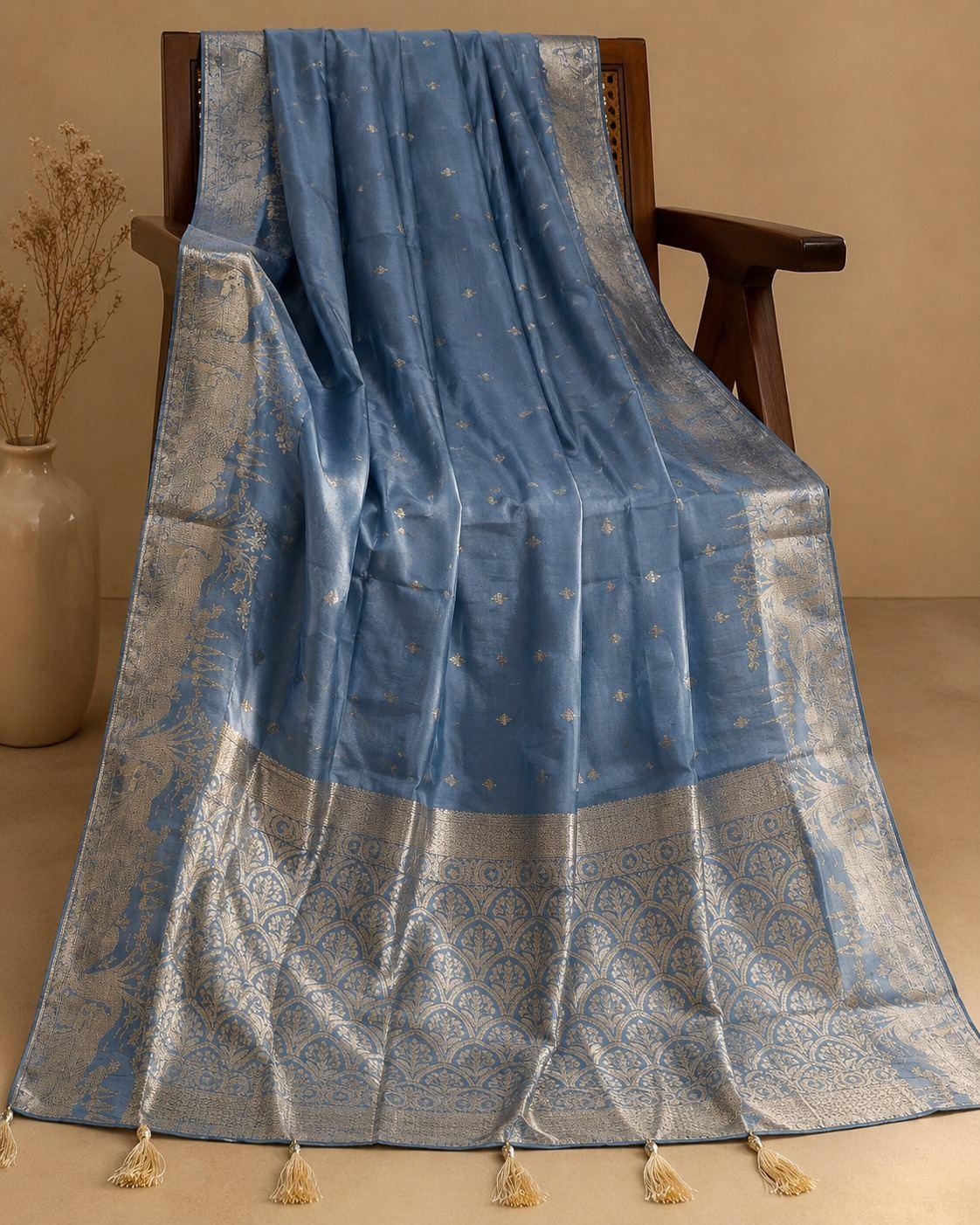 Steel Blue Gold Zari Designer Saree