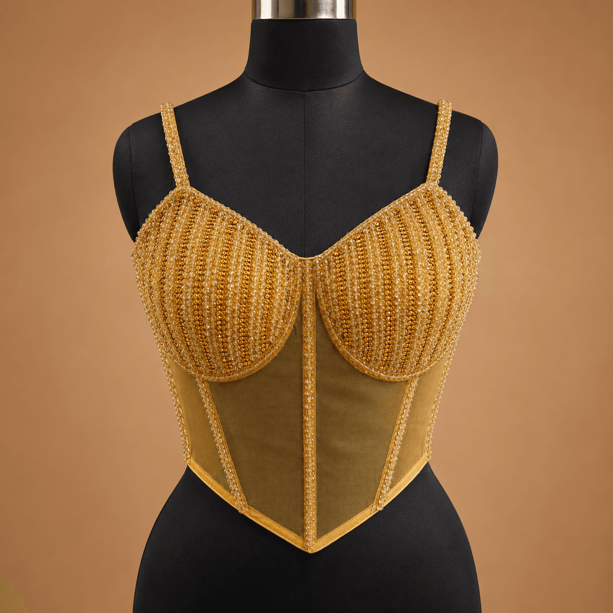Gold Corset Pearl Strappy Designer Blouse