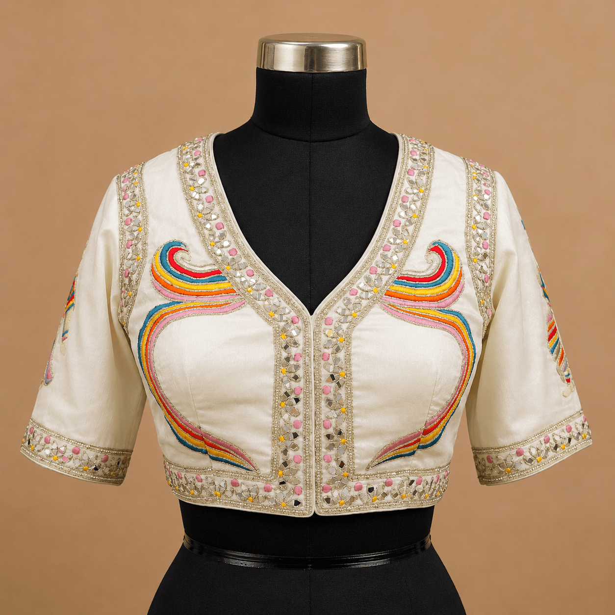 Ivory Multicolor Mirror Work Designer Blouse