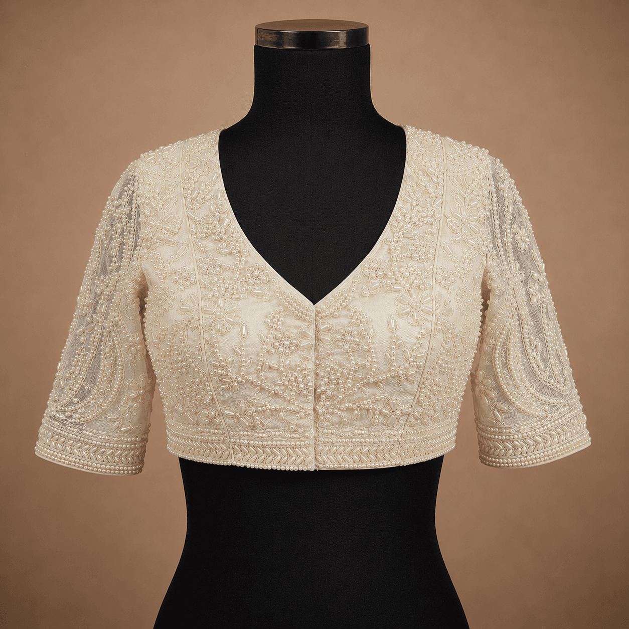 Ivory Embroidered V-Neck Sleeved Designer Blouse