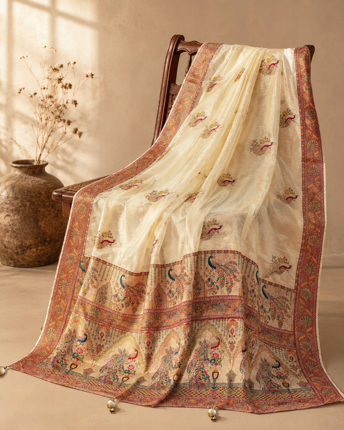 Ivory Multicolor Border Designer Saree